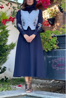 پیراهن و جلیقه ترگل سورمه ای آبی