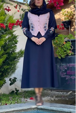 پیراهن و جلیقه ترگل سورمه ای صورتی