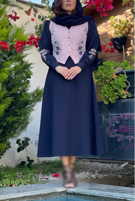 پیراهن و جلیقه ترگل سورمه ای صورتی